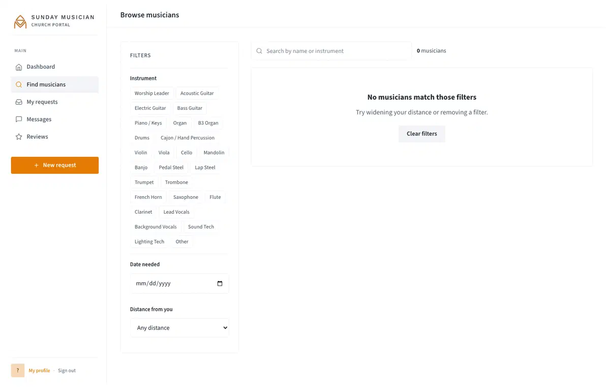 Browse musicians and filter by instrument