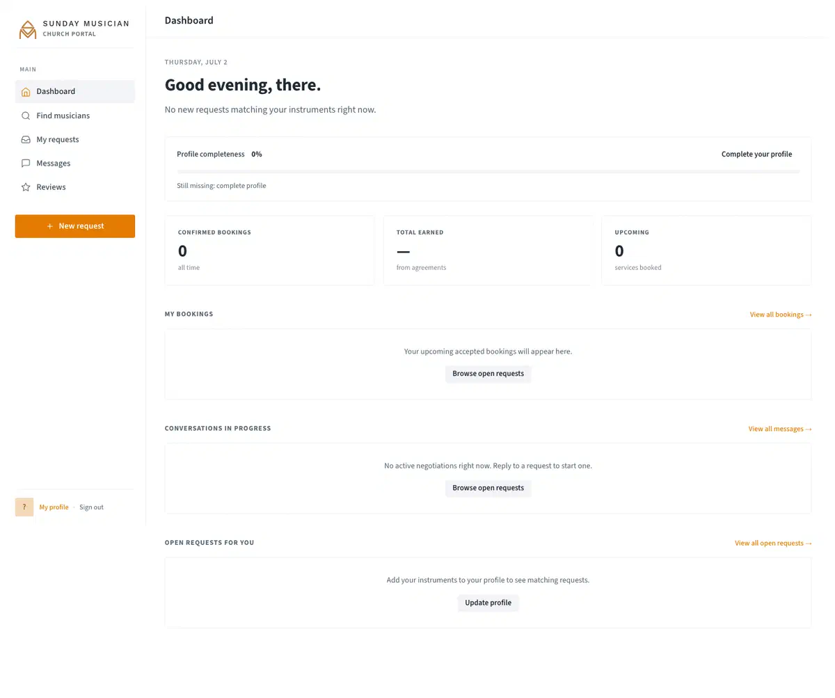 Musician dashboard showing earnings and bookings